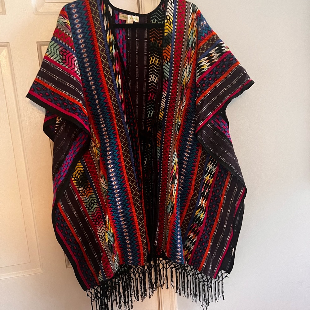 Colorful Patterned Poncho with Fringe